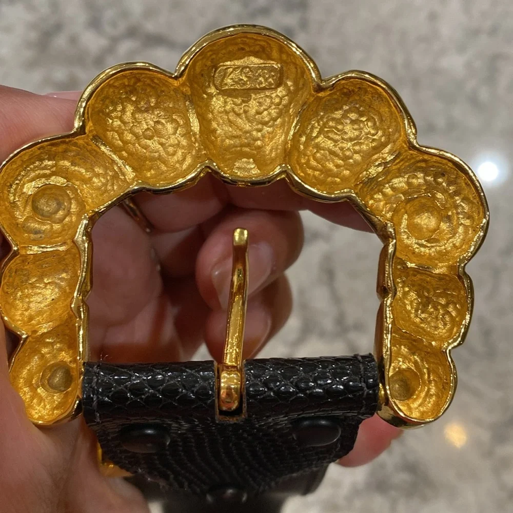 Kleinberg Sherrill Genuine Exotic Leather Belt w/ Gold Bubbly Buckle Detail 1988